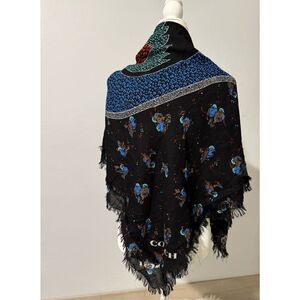 COACH bright Bird print patch scarf wool large square fringe on edges